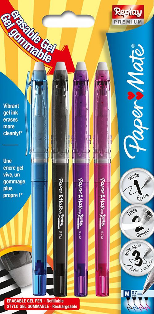 PaperMate Replay Erasable Gel Pen 0.7 mm Tip Assorted PK4