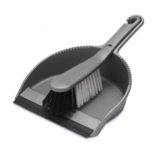 16314AD | Made from tough metallic coloured plastic the deep back to the pan stops dirt falling out or being swept over it and the rubber lip to the front acts as a mini ramp for for more efficient dirt collection. The serrated edge of the dustpan isn't just for show - it will help remove dirt from the bristles when the brush is run over it. The dustpan and brush neatly click together for tidy storage and there's an integrated hook built into each of the handles. The stiff bristles of the brush provide a powerful clean.