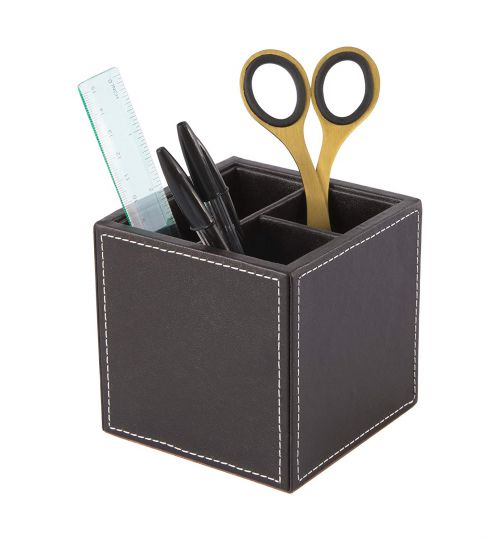 Osco Faux Leather Square Pen Pot Brown