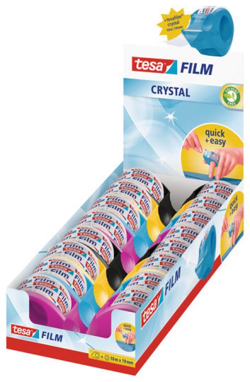 tesafilm Mini Tape Dispenser for 19mm Tapes Plus 1 Roll of 19mmx10m Crystal Tape Assorted Colours (Pack 16)