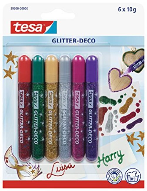 tesa Glitter Deco Glue Pen Assorted Vibrant Colours (Pack 6) 59900-00000-07