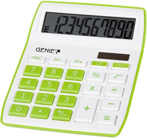 40272GN | Compact desktop calculator with large, angled, 10-digit display. Fresh, colourful design with a high quality finish. Easy to use keyboard and easy to clean plastic keys.