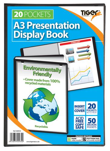 A3 presentation display book with 20 pockets/40 views. Front presentation cover made from 100% recycled content to enable easy personalisation.