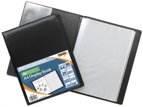 42694TG | Professional Display Book. Copy Safe. Acid Free. Padded stiff card cover. 80 micron premium pockets. Satin finish stitched PU cover. Clear flap inside front cover. Individual poly Sleeve.