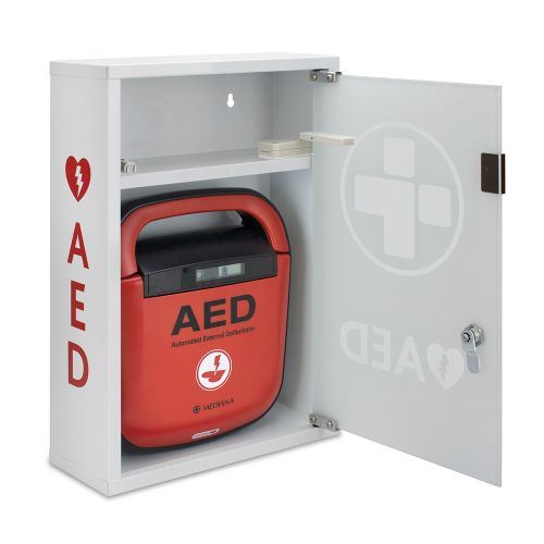 The Mediana AED Metal Wall Cabinet with a toughened durable glass door. The cabinet is alarmed and will sound when opened. It is also lockable and includes keys. It is compatible with most AED models. The cabinet is wall mountable. The AED (Automated External Defribillator) is not included.