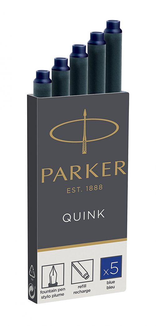 Parker Quink Ink Refill Cartridge for Fountain Pens Blue (Pack 5) - 1950384  77123NR