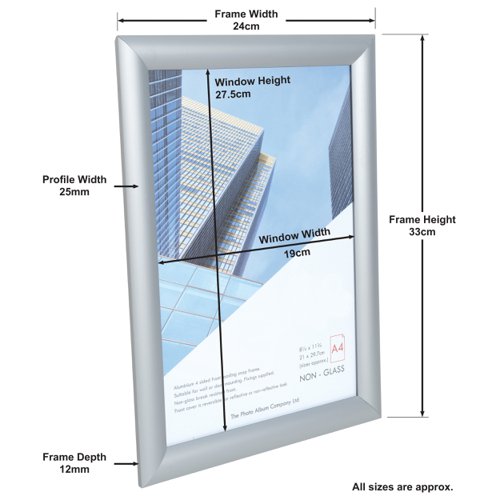 62483PA - Photo Album Co Inspire for Business Certificate/Photo Snap Frame A4 Aluminium Frame Plastic Front Silver - SNAPA4S