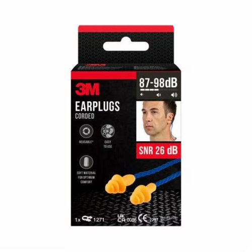 3M™ Corded Earplugs 1271, Three flange design, Reusable, SNR value 26 dB, Orange