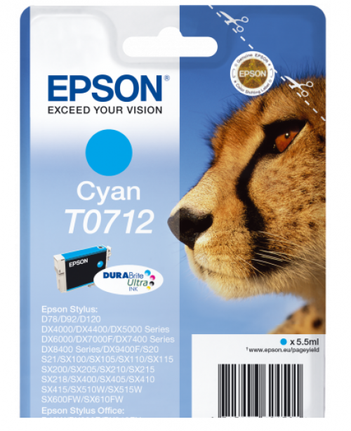 Epson T0712 Cheetah Cyan Standard Capacity Ink Cartridge 6ml - C13T07124012