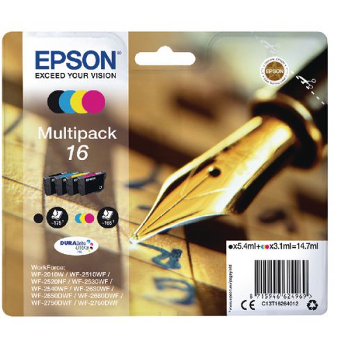 Epson 16 Pen and Crossword Black Cyan Magenta Yellow Standard Capacity Ink Cartridge Multipack 5ml + 3 x 3ml (Pack 4) - C13T16264012