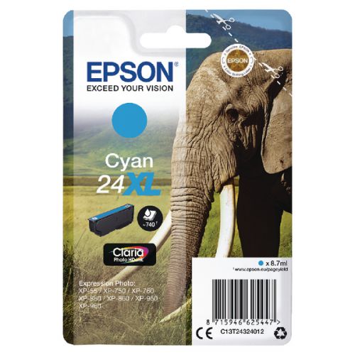 Epson 24XL Elephant Cyan High Yield Ink Cartridge 9ml - C13T24324012