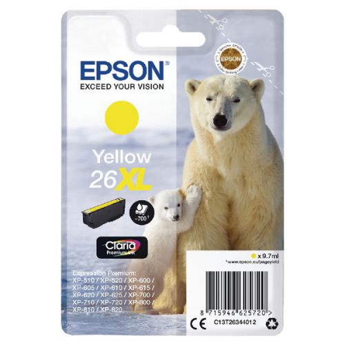 OEM Epson C13T26344012 (26XL) Ink Cartridge Yellow High Capacity XL 700 Pages 9.7ml