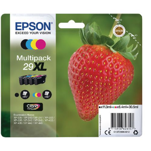 Epson 29XL Strawberry Black Cyan Magenta Yellow High Yield Ink Cartridge Multipack 11ml + 3 x 6ml (Pack 4) - C13T29964012