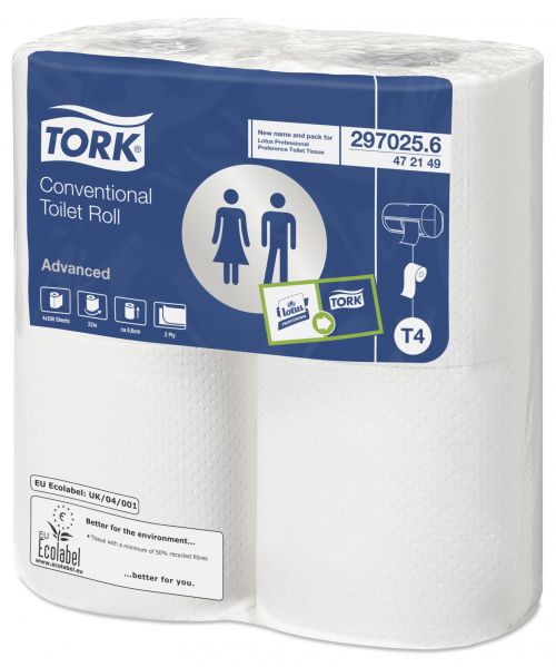 Tork Conventional Toilet Roll 2 Ply 200 Sheet 96mmx23m White T4 [9 Packs of 4 rolls] 100200