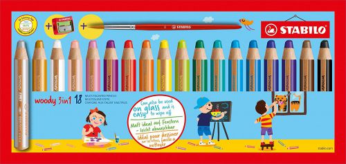 STABILO woody 3 in 1 Colouring Pencil Paint Brush and Sharpener Set Assorted Colours (Pack 18) - 880/18-3  10479ST