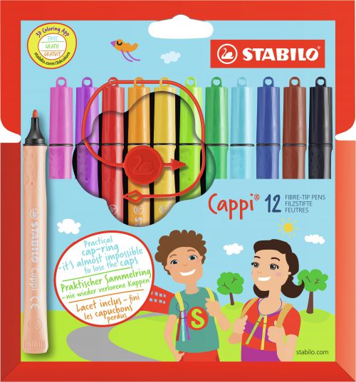 STABILO Cappi Felt Tip Pen with Cap Ring Assorted Colours (Wallet 12) - 168/12-4