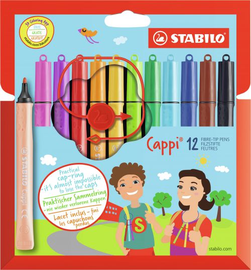 No more lost lids and dried out pens. With Cappi, the lids are threaded through the cap ring to keep them all together. Tube shape design with a flat end to stop it rolling away. Ergonomic grip zone perfect for little hands. Bright colours and washable ink. Perfect for use on the go. This pack contains 12 Bright Colours