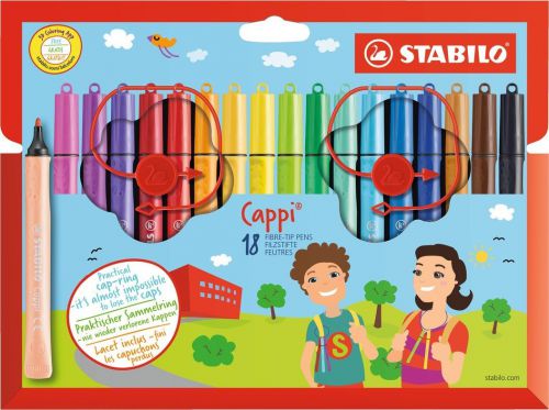 STABILO Cappi Felt Tip Pen with Cap Ring Assorted Colours (Wallet 18) - 168/18-4 Stabilo