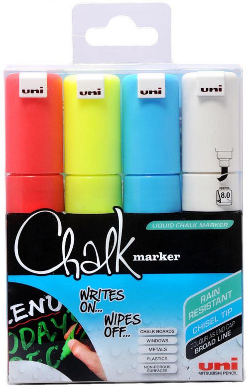 Uni-Ball PWE-8K Chalk Marker Broad Chisel Tip Assorted PK4