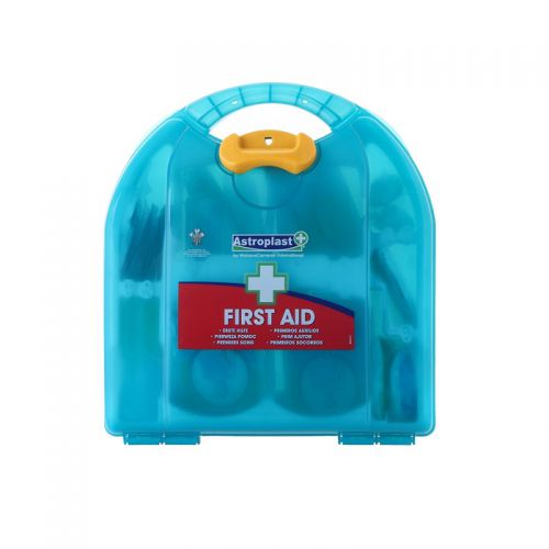 Mezzo HS1 10 Person Kit Made from polypropylene styled in a clear aqua colour Uniquely designed so the inserts can be moved to create different size spaces Can be used free-standing or wall-mounted (comes complete with fixing kit).Contents:1 x First Aid guidance leaflet20 x Individually wrapped plasters6 x Medium sterile dressings2 x Large sterile dressings4 x Calico triangular bandage12 x Safety pins10 x Individually wrapped alcohol-free wipes2 x Eye pads2 Pairs x disposable gloves