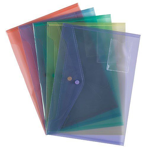 An A4 plus envelope style plastic popper wallet with an ID holder in the right hand corner. The wallets are in assorted colours with a matching coloured popper button.