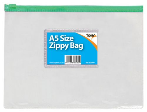 Tiger Zippy Bag Polypropylene A5 180 Micron Clear with Assorted Colour Zips (Pack 12) - 300480x12 76448XX
