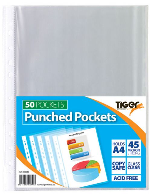 Tiger Multi Punched Pocket Polypropylene A4 45 Micron Top Opening Clear (Pack 50)