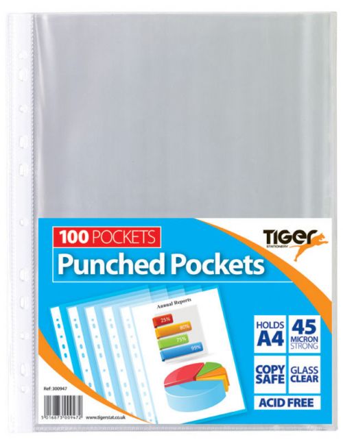 Tiger Multi Punched Pocket Polypropylene A4 45 Micron Top Opening Clear (Pack 100) - 300947