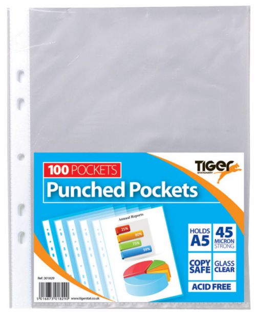 Tiger Multi Punched Pocket Polypropylene A5 45 Micron Top Opening Clear (Pack 100) - 301829