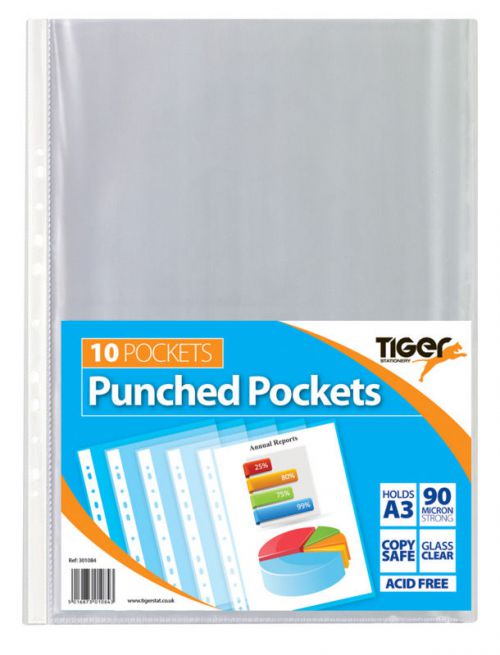 42757TG | Pack of 10 Tiger brand multi punched A3 size portrait pp pockets. 90 micron glass clear. Made from polypropylene material, acid free, copy safe and recyclable. 