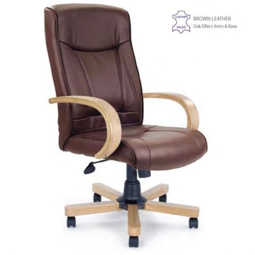 Troon High Back Lther Exec Chair Oak Effct Arms & Base BN