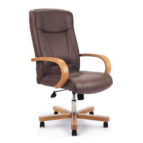 Troon High Back Lthr Exec Chair Oak Effect Arms & Base BN