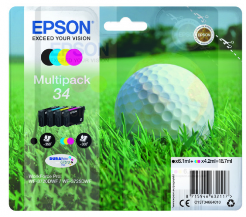 Epson 34 Golfball Black Cyan Magenta Yellow Standard Capacity Ink Cartridge Multipack 6ml + 3 x 4ml (Pack 4) - C13T34664010