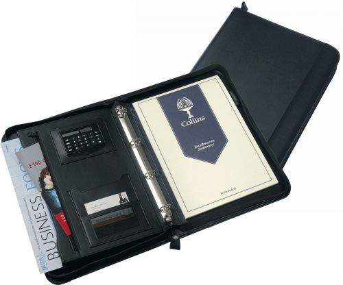 Collins A4 Conference Ring Binder with Calculator Zipped Leather Look Black 5090
