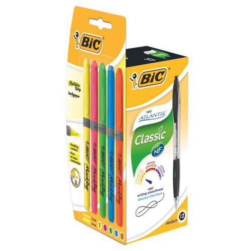 Bic Atlantis Pen BK PK12 Plus Grip Highlighter Asstd 5 Free