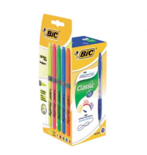 Bic Atlantis Pen Blue PK12 Plus Grip Highlighter Asstd Free