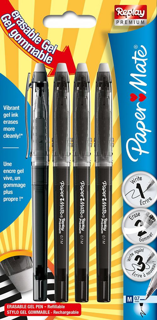 PaperMate Replay Erasable Gel Pen 0.7 mm Tip Black PK4