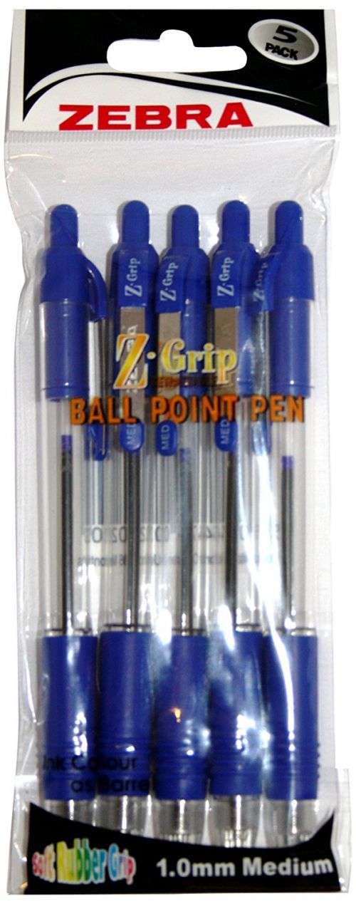 Zebra Z-Grip Retractable Ballpoint Pen 1.0mm Tip Blue (Pack 5)