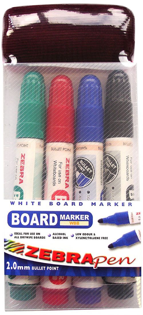 Zebra Pen Whiteboard Markers with Board Eraser Assorted PK4