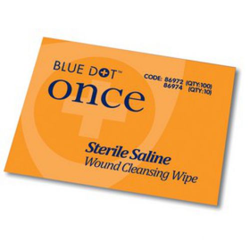 Blue Dot Sterile Saline Wipes. Disposable wipes for the cleansing of wounds.