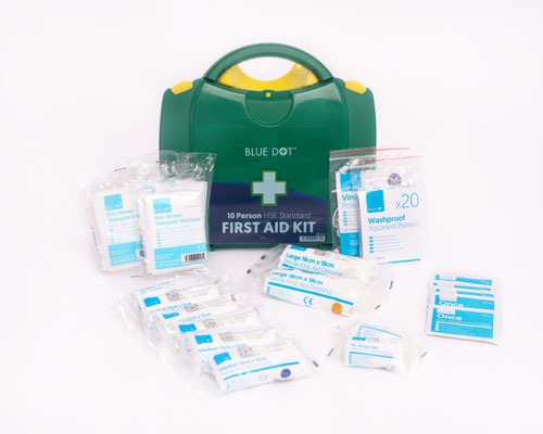 11817WC | Low-Medium risk ideal for small offices, shops, libraries, home, light engineering plants and warehouses. Essential kits for variety of needs - from general first aid and catering to burns, eyewash and biohazards. A compact and durable comprehensive HSE compliant range. Internal compartments ensure that all components stay neatly in place.Contents:1 x Safety Pins (Pack 6)4 x Triangular Bandages2 x Eye Pad Sterile Dressing6 x Medium Sterile Dressing2 x Large Sterile Dressing1 x Nitrile Disposable Gloves (Pair)6 x Saline Cleansing Wipes1 x Plasters (Bag 20)1 x Guidance Leaflet