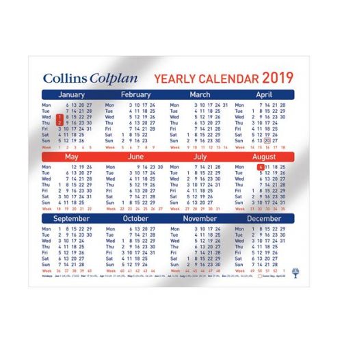 Collins A4 Desk Yearly Calendar 2019