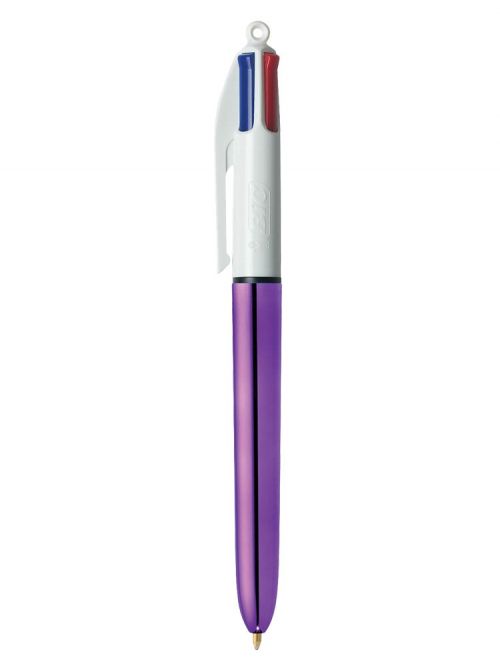 Bic 4 Colours Shine Ballpoint Pen 1mm Tip 0.32mm Line Purple Barrel Black/Blue/Green/Red Ink (Pack 12) - 982876
