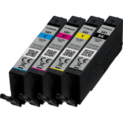 CACLI581MULTI | This four-cartridge multipack contains one black, cyan, magenta and yellow and black ink cartridge for printing documents and photos at very high quality. When used together with Canon paper, this set of four 5.6ml ink cartridges provides long lasting prints and fade resistant finishes thanks to the ChromaLife100 system.