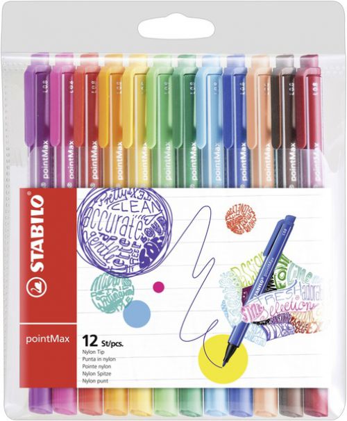 The STABILO pointMax is a medium tipped nylon felt pen designed for writing, drawing and colouring. The comfortable hexagonal barrel, strong nylon tip and lovely bright colours let your creativity flow. Be inspired to create wonderful mind maps and drawings or add lots of colour to your notes. Designed to dry quickly and not to bleed through paper the nib has a 0.8mm line width. This wallet contains 12 colours