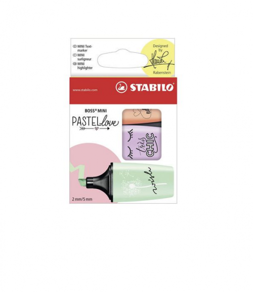 STABILO BOSS Mini Pastellove Highlighter Chisel Tip 2-5mm Line Mint/Lilac/Peach (Pack 3) 07/03-47