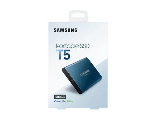 The Samsung Portable SSD T5 elevates data transfer speeds to the next level and unleashes a new experience in external storage.  With a compact and durable design and password protection, the T5 is truly easy to carry and stores data securely.
