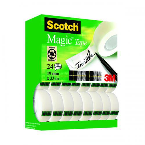 28524MM | Scotch Magic Tape is a long-lasting, solvent-free tape that won't yellow or dry out with age. It's invisible when applied, making it perfect for repairs to torn paper or wrapping packages attractively. The matt surface can be written on - ideal for adding labels or notices to parcels. This tower pack contains 20 rolls with an extra 4 rolls free.