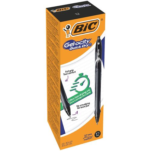 Bic Gel-ocity Quick Dry Gel Retractable Rollerball Pen 0.7mm Tip 0.3mm Line Black (Pack 12)  | County Office Supplies