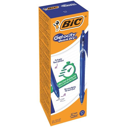 Bic Gel-ocity Quick Dry Gel Retractable Rollerball Pen 0.7mm Tip 0.3mm Line Blue (Pack 12)  | County Office Supplies